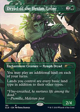 A "Dryad of the Ilysian Grove (Borderless) [Secret Lair Drop Series]" Magic: The Gathering card. This Rare Enchantment Creature – Nymph Dryad has a casting cost of 2G, power/toughness of 2/4, and abilities allowing the player to play an extra land each turn. The card art features a vine-covered dryad amidst mythical city ruins.