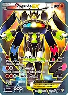 An image of a Pokémon trading card featuring Zygarde EX. This Promo card has 190 HP and displays Zygarde, a multi-colored robotic-like creature with wings. It includes abilities: Land's Pulse, Cell Storm, and Land's Wrath. Detailed stats and energy requirements for each ability from the Pokémon Zygarde EX (54a/124) (Alternate Art Promo) [XY: Fates Collide] are provided.