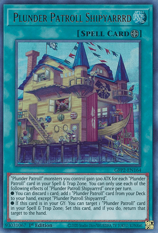 Image of the Plunder Patroll Shipyarrrd [GFP2-EN164] Ultra Rare Field Spell Card from the game Yu-Gi-Oh! It showcases a lively dock with wooden structures and ships. Text beneath details its effects, labeled as "GFP2-EN164," and it's an Ultra Rare 1st Edition on the bottom left.
