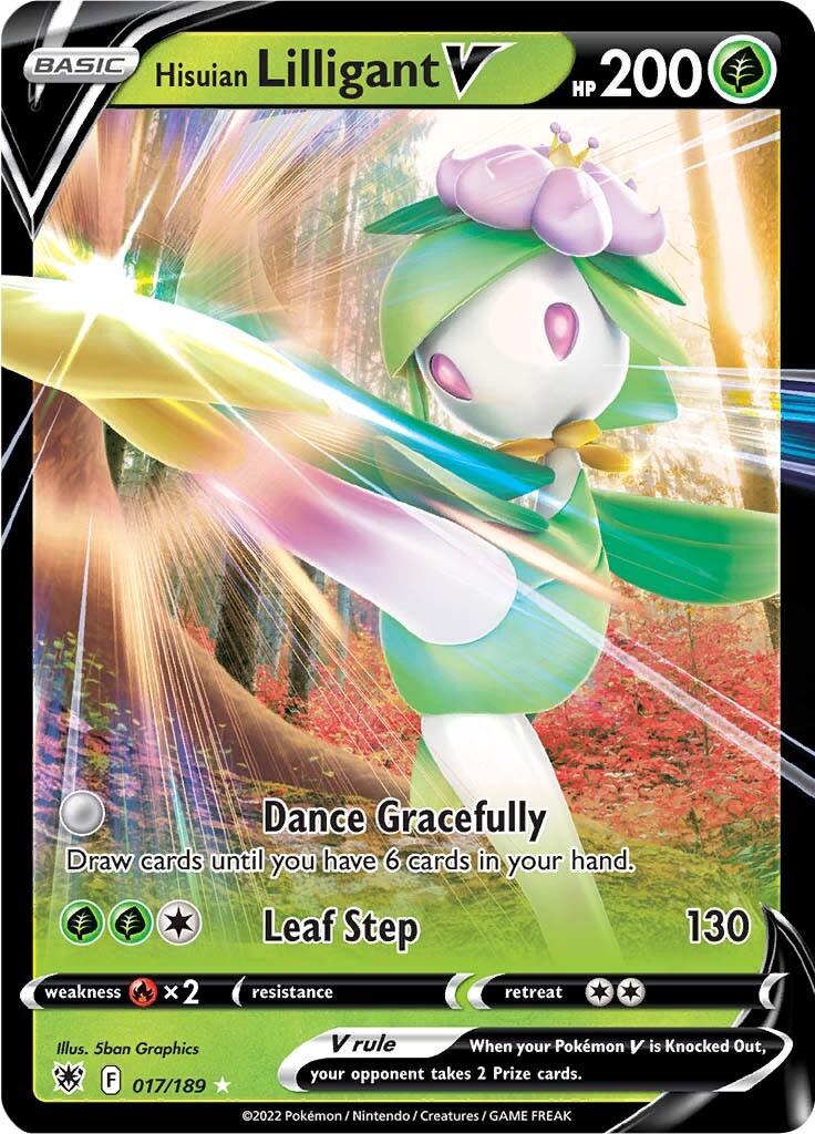 A Pokémon trading card featuring the Hisuian Lilligant V (017/189) [Sword & Shield: Astral Radiance] from Pokémon with 200 HP. The card has two moves: 