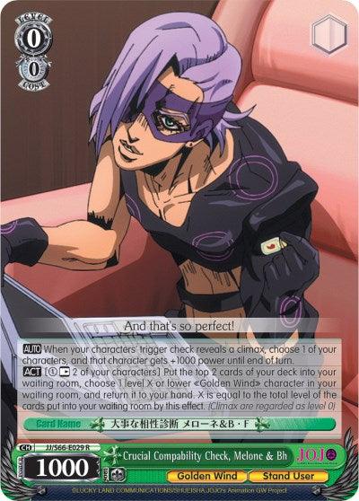 A rare character card from JoJo's Bizarre Adventure: Golden Wind, featuring a purple-haired character wearing a black eye mask and matching outfit. The card displays text including an auto ability and an action with specific game details. The bottom part shows attack power, cost, and the card name: 