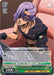 A rare character card from JoJo's Bizarre Adventure: Golden Wind, featuring a purple-haired character wearing a black eye mask and matching outfit. The card displays text including an auto ability and an action with specific game details. The bottom part shows attack power, cost, and the card name: "Crucial Compatibility Check, Melone & Bh (JJ/S66-E029 R) [JoJo's Bizarre Adventure: Golden Wind]." This product is by Bushiroad.