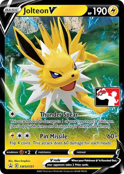 This promo Pokémon trading card, Jolteon V (SWSH151) [Prize Pack Series One] by Pokémon, features Jolteon V with 190 HP. The card shows Jolteon, a yellow, spiky-furred Pokémon surrounded by lightning bolts. It has two attacks: Thunder Spear and Pin Missile, and weaknesses to Fighting-type moves.
