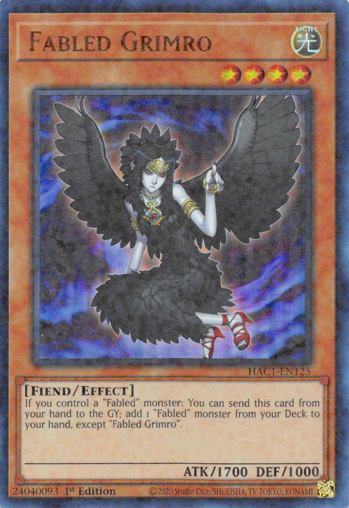 The card "Fabled Grimro (Duel Terminal) [HAC1-EN125] Parallel Rare" from Yu-Gi-Oh! showcases a winged creature with black feathers, wearing a dark gown and holding a scroll. As a Parallel Rare Fabled monster, it boasts an attack power of 1700 and defense of 1000. This Level 4 Light Fiend/Effect type card comes with unique special summoning conditions and effects.