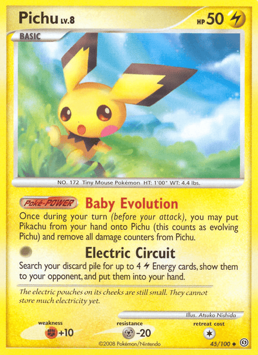 A Pokémon Pichu (45/100) [Diamond & Pearl: Stormfront] trading card featuring Pichu from the *Diamond & Pearl: Stormfront* set. It is an uncommon, level 8 Electric-type with 50 HP. The card showcases Pichu standing on grass with a blurred leafy background. It includes moves "Baby Evolution" and "Electric Circuit." Card number 45/100, illustrated by Atsuko Nishida.