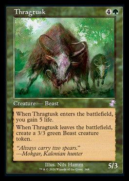 The Magic: The Gathering card "Thragtusk (Timeshifted)" from the Time Spiral Remastered set features a green border and depicts a powerful Beast creature with striking tusks. Its abilities include granting you 5 life when it enters the battlefield and creating a 3/3 green Beast token upon leaving. Its Power/Toughness is 5/3.