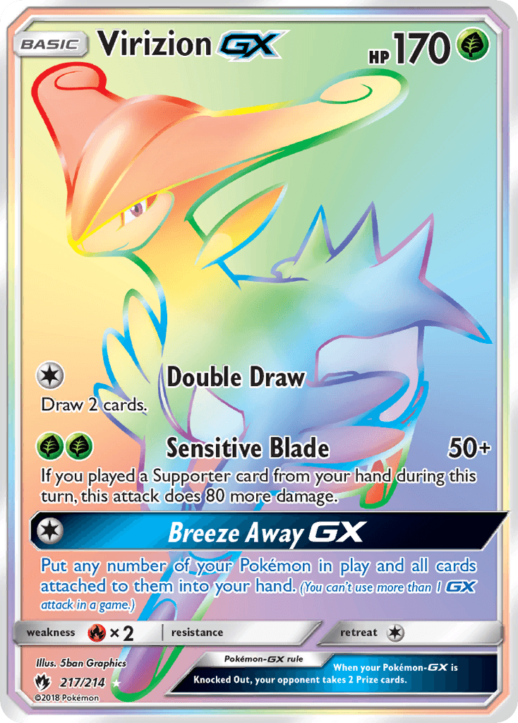 A colorful, holographic trading card featuring the Pokémon Virizion-GX with 170 HP. This Secret Rare card from Sun & Moon: Lost Thunder includes attacks like 