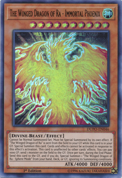 An image of a Yu-Gi-Oh! trading card titled "The Winged Dragon of Ra - Immortal Phoenix [DUPO-EN046] Ultra Rare." The card features vibrant artwork of a fiery, dragon-like figure emerging from a swirling blaze. This powerful Effect Monster boasts an attack and defense value of 4000. The description provides details on the special summoning conditions and effects.