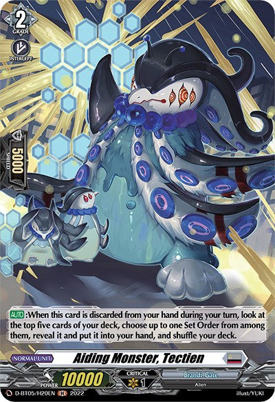 From Bushiroad's "Cardfight!! Vanguard" collection, the "Aiding Monster, Tectien (D-BT05/H20EN)" is a holo trading card from the "Triumphant Return of the Brave Heroes" Brandt Gate set. It depicts a blue, aquatic-themed alien creature adorned with multiple tentacles and intricate patterns. This grade 2 unit boasts a power value of 10,000 and a shield value of 5,000.