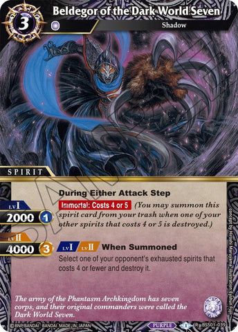 A card from "Beldegor of the Dark World Seven (BSS01-039) [Dawn of History]," depicting a dark, armored character with a hood and an ethereal, glowing eye holding a scythe. Part of the Rare Spirit Card series from the Phantasm Archkingdom set, it features summoning requirements, attack power, and special abilities in a purple and gold scheme.