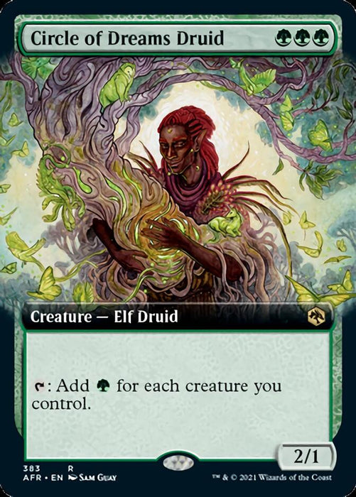 The Magic: The Gathering card "Circle of Dreams Druid (Extended Art) [Dungeons & Dragons: Adventures in the Forgotten Realms]" features an Elf Druid in a mystical forest, holding a glowing orb surrounded by green energy. With a background of twisting branches, the card reads, "{T}: Add {G} for each creature you control." It pairs beautifully with Adventures in the Forgotten Realms.