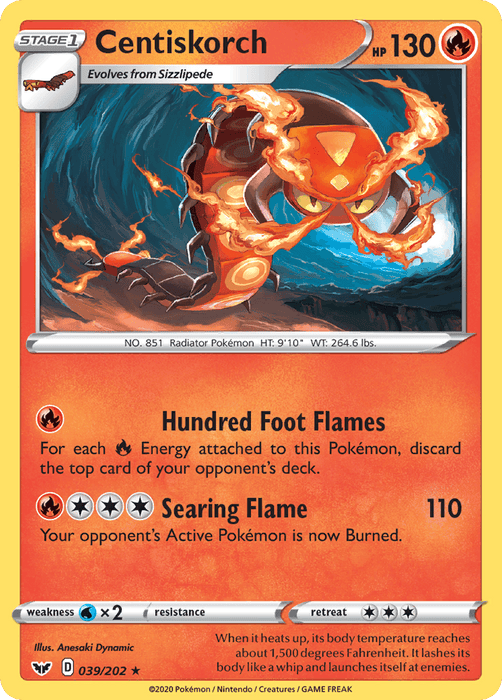 A Pokémon Centiskorch (039/202) [Sword & Shield: Base Set] trading card featuring the rare Centiskorch, a fire-type Pokémon from the Sword & Shield series. Centiskorch is depicted in a dynamic pose, surrounded by flames. The card includes stats: 130 HP, attack moves "Hundred Foot Flames" and "Searing Flame." The bottom section has additional card information like illustrator and number.