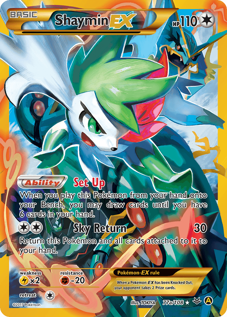 This Pokémon card features Shaymin EX in a stunning alternate art promo design. The creature, characterized by its white and green colors and red petals near its neck, is depicted in a dynamic action pose. With 110 HP, it possesses 