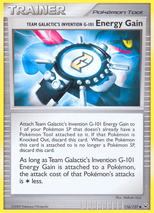 A Pokémon trading card titled "Team Galactic's Invention G-101 Energy Gain (116/127) [Platinum: Base Set]." The card shows a futuristic device with a glowing center and mechanical components, floating in a blue aura. As an Uncommon Tool card from the Platinum series, it reduces attack costs by one energy. Card number is 116/127.