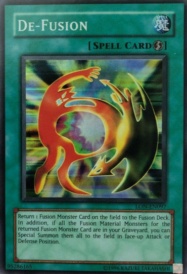 A "Yu-Gi-Oh!" card titled "De-Fusion [LON-EN097] Super Rare" with a swirling, shimmering background featuring red and green creatures. The card is a Quick-Play Spell indicated by a blue icon in the top right corner. Below the image, the effect text describes returning a Fusion Monster to the Fusion Deck.