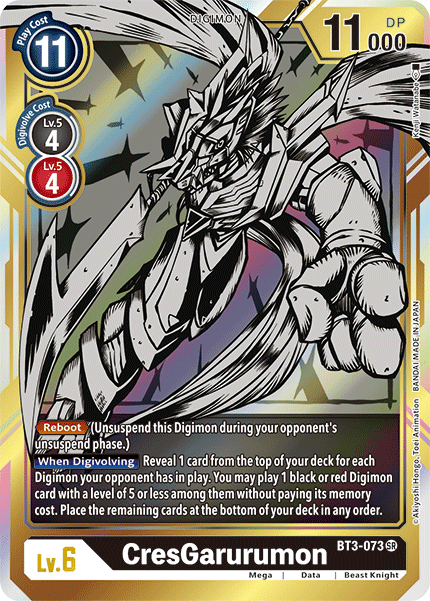 Introducing the CresGarurumon [BT3-073] (Alternate Art) from the Digimon brand's Release Special Booster Ver.1.5 series! This Super Rare Digimon card showcases a formidable beast knight Digimon armed with a large sword and clad in impressive armor. It comes with a play cost of 11, requires a digi-evolution cost of level 4, boasts 11,000 DP, and includes powerful effect text detailing abilities such as "Reboot" and "When Digivolving.