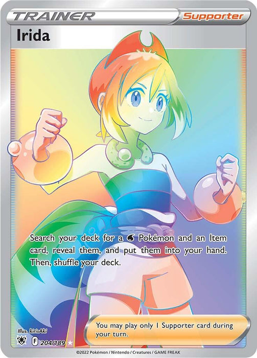 A Secret Rare Pokémon trading card featuring Irida, a Trainer Supporter card from the Sword & Shield Astral Radiance set. Irida (204/189) [Sword & Shield: Astral Radiance], with her rainbow-colored hair and clothing, holds a pokéball. The card's text reads: "Search your deck for a Water Pokémon and an Item card, reveal them, and put them into your hand. Then, shuffle your deck.