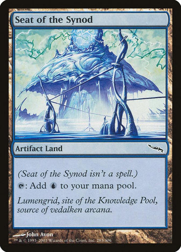 Magic: The Gathering card "Seat of the Synod [Mirrodin]." The image depicts a futuristic, glowing blue structure with spires, set against a dark, cloudy sky in Mirrodin. The card's border is blue, the title reads "Seat of the Synod [Mirrodin]," and it is labeled as an Artifact Land. The text below details its abilities linked to the Knowledge Pool.