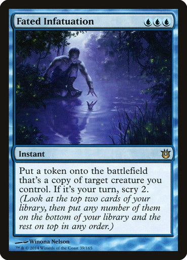 A "Fated Infatuation" card from Magic: The Gathering's Born of the Gods set shows a figure by a moonlit stream, creating ripples. This blue-bordered Instant card features Scry 2 and intricate details, including an artist credit.