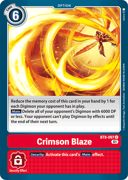 A Digimon card named "Crimson Blaze [BT8-097] [New Awakening]" from the "New Awakening" series labeled as an Option with a cost of 6 and BT8-097. The artwork features an orange and yellow blazing swirl with a Digimon flying in the center. Its effects reduce memory cost and delete opponents' DP-based Digimon.