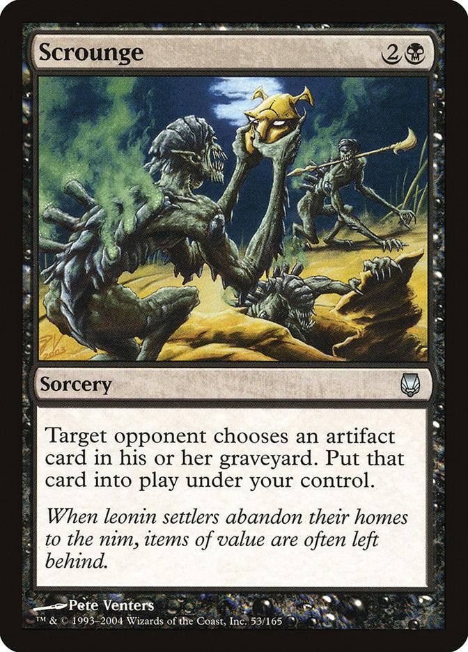 A Magic: The Gathering card named Scrounge [Darksteel] costs 2 and a black mana to cast. It depicts a creature holding a golden mask in a dark, swampy setting. The text box reads, 