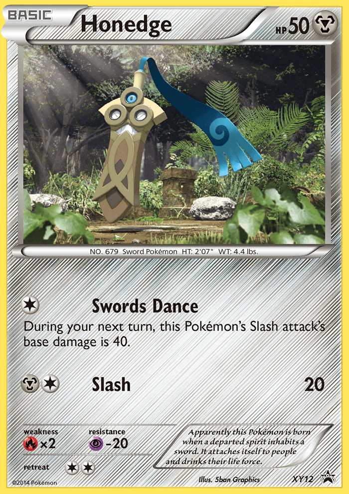 A Pokémon card featuring **Honedge (XY12) [XY: Black Star Promos]** from the **Pokémon** series. The card's yellow border frames Honedge, depicted as an animated metal sword adorned with a blue sash, hovering against a clear sky. It has 50 HP and moves 