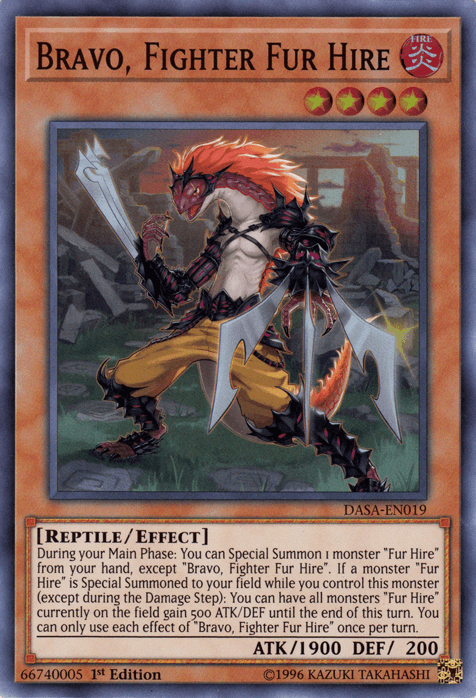 The Yu-Gi-Oh! Super Rare trading card "Bravo, Fighter Fur Hire [DASA-EN019]" features a humanoid reptile warrior with a red mane wielding two large swords. This Effect Monster boasts an ATK of 1900 and DEF of 200, and details a special summoning effect that enhances other "Fur Hire" monsters.