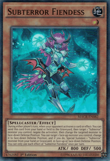 The image shows a Super Rare Yu-Gi-Oh! card named "Subterror Fiendess [MACR-EN082]," an Earth attribute Effect Monster. It features a red-haired, armored female spellcaster with a staff, having ATK 800 and DEF 500, with detailed effect text below as a 1st Edition card.