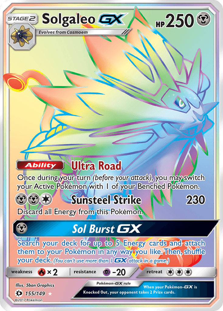 A shining Solgaleo GX (155/149) [Sun & Moon: Base Set] Pokémon card with 250 HP from the Sun & Moon series. The Metal Type card features Solgaleo in a vibrant pose with various colors and a metallic sheen. This Secret Rare includes text detailing its abilities: 