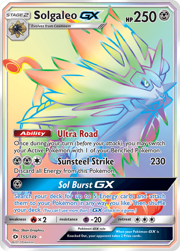 A shining Solgaleo GX (155/149) [Sun & Moon: Base Set] Pokémon card with 250 HP from the Sun & Moon series. The Metal Type card features Solgaleo in a vibrant pose with various colors and a metallic sheen. This Secret Rare includes text detailing its abilities: "Ultra Road," "Sunsteel Strike," and "Sol Burst GX." Numbered 155 out of 149.