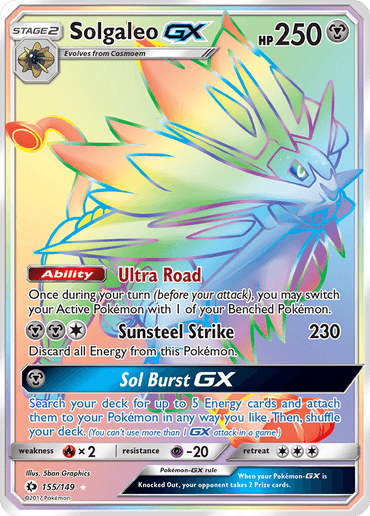 A shining Solgaleo GX (155/149) [Sun & Moon: Base Set] Pokémon card with 250 HP from the Sun & Moon series. The Metal Type card features Solgaleo in a vibrant pose with various colors and a metallic sheen. This Secret Rare includes text detailing its abilities: "Ultra Road," "Sunsteel Strike," and "Sol Burst GX." Numbered 155 out of 149.