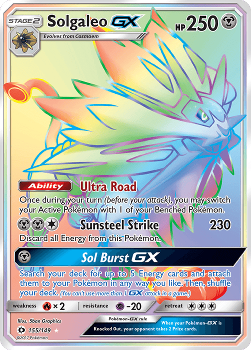 A shining Solgaleo GX (155/149) [Sun & Moon: Base Set] Pokémon card with 250 HP from the Sun & Moon series. The Metal Type card features Solgaleo in a vibrant pose with various colors and a metallic sheen. This Secret Rare includes text detailing its abilities: "Ultra Road," "Sunsteel Strike," and "Sol Burst GX." Numbered 155 out of 149.