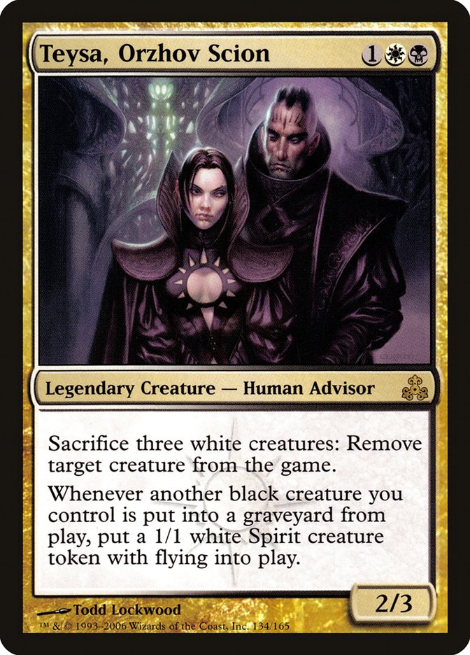 The Magic: The Gathering card "Teysa, Orzhov Scion" [Guildpact] features a Legendary Human Advisor in ornate black attire beside a dark-robed man. This 2/3 card requires one white and two generic mana, offering unique abilities with Spirit creature tokens.