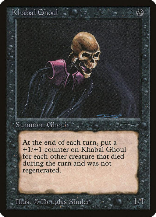 A Magic: The Gathering card titled "Khabal Ghoul [Arabian Nights]." This Arabian Nights creature features a depiction of a ghoul with a skeletal face, elongated neck, and a purple robe. In the bottom half, the text describes its ability: gaining a +1/+1 counter for each non-regenerated creature that died this turn.