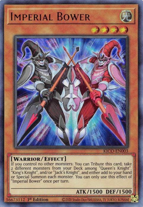 A Yu-Gi-Oh! card titled "Imperial Bower (Ultra Rare) [KICO-EN003] Ultra Rare" from the King's Court series. This Effect Monster showcases two regal figures in red and purple armor, standing back-to-back with spears and feather-plumed helmets. The card's golden border signifies its rarity. It boasts 1500 ATK and 1500 DEF.