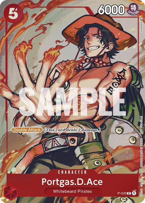This promo character card from the One Piece Promotion Cards features Portgas D. Ace of the Whitebeard Pirates. Ace wields flames around his fists, wearing an open shirt and hat. The card boasts a 6000 power level, a cost of 5, and a "Double Attack" ability with "SAMPLE" watermarked across it. This is the Portgas.D.Ace (Event Pack Vol. 1) [One Piece Promotion Cards] by Bandai.