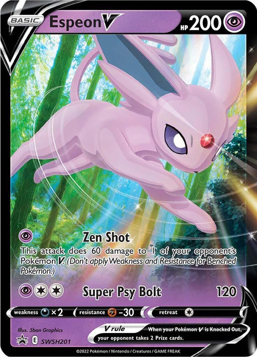 A Pokémon Espeon V (SWSH201) [Sword & Shield: Black Star Promos] trading card from the Black Star Promos featuring Espeon V with 200 HP. The card has purple accents and displays Espeon in an action pose. Part of the Sword & Shield series, it includes moves "Zen Shot" and "Super Psy Bolt," shows "weakness" to darkness, "resistance" to fighting, and a "retreat cost" of one.