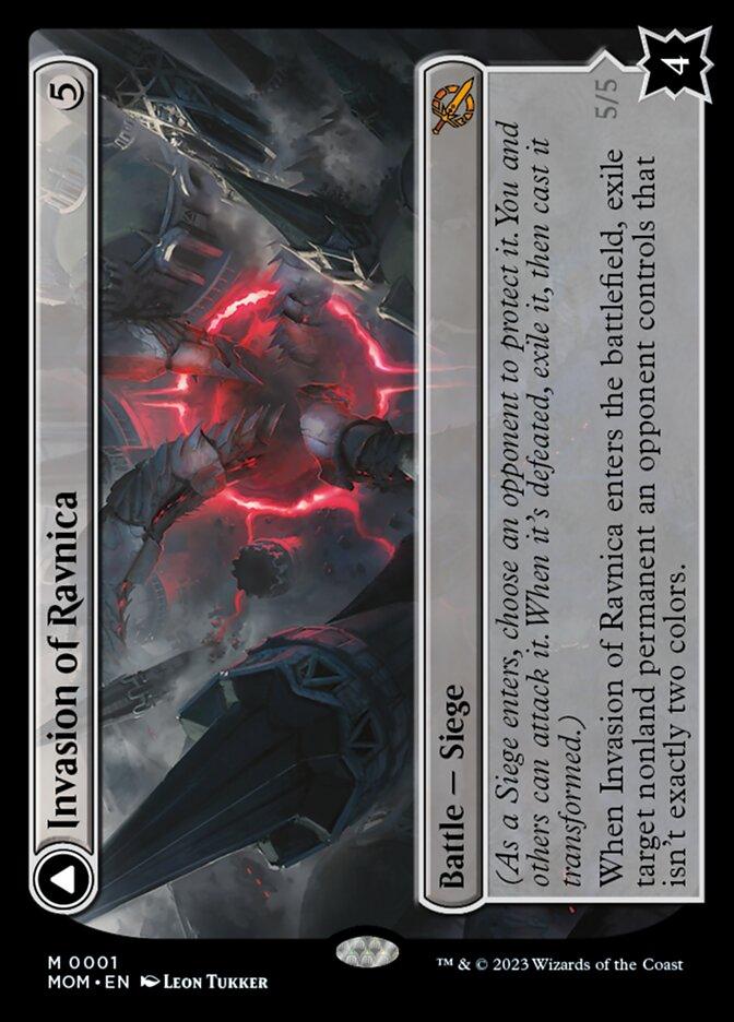 A Magic: The Gathering card titled "Invasion of Ravnica // Guildpact Paragon [March of the Machine]" with a dark gray border adorned with ornate designs. It features a chaotic scene with a giant, fiery figure amidst destruction. The mythic card text describes its Battle - Siege abilities, mana cost, and illustration credit to Leon Tukker.