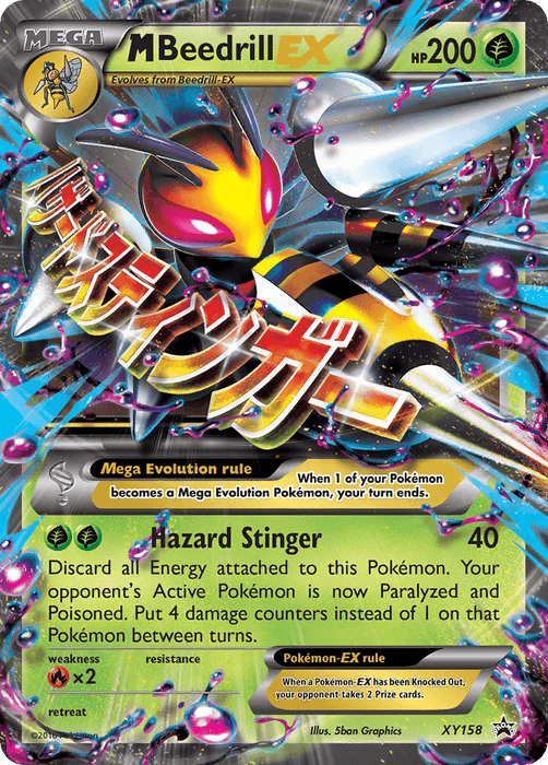 A vibrant Pokémon card featuring M Beedrill EX (XY158) [XY: Black Star Promos] with 200 HP, marked as XY158 from the Black Star Promos. The card's design showcases a dynamic illustration of Mega Beedrill surrounded by a colorful, electric background. Key features include the "Hazard Stinger" attack, a "Mega Evolution rule," and details about weakness, resistance, and retreat cost.