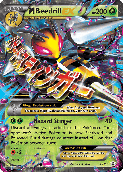 A vibrant Pokémon card featuring M Beedrill EX (XY158) [XY: Black Star Promos] with 200 HP, marked as XY158 from the Black Star Promos. The card's design showcases a dynamic illustration of Mega Beedrill surrounded by a colorful, electric background. Key features include the "Hazard Stinger" attack, a "Mega Evolution rule," and details about weakness, resistance, and retreat cost.