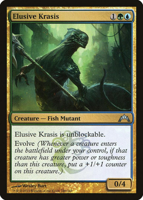 A Magic: The Gathering card from Gatecrash featuring Elusive Krasis [Gatecrash], a green, blue, and black Fish Mutant creature with 0 power and 4 toughness. The card art depicts a fish-like creature with clawed hands. It has the abilities "unblockable" and "Evolve." The artist is Wesley Burt.