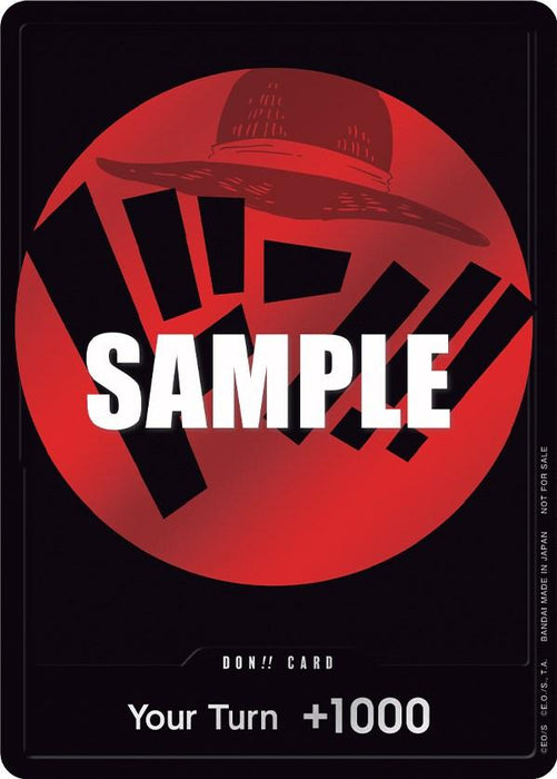 A DON!! Card (Red) [One Piece Promotion Cards] from Bandai featuring a bold, red design. The card has a black border and a vibrant red circle in the center with a stylized black background graphic reminiscent of the manga art style. "SAMPLE" is prominently displayed, with text at the bottom reading "Your Turn +1000". This Promo card is part of the One Piece Promotion Cards collection from Bandai.