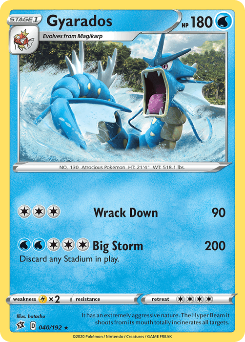 This Gyarados (040/192) [Sword & Shield: Rebel Clash] from the Pokémon series features Gyarados with 180 HP. It's a blue, serpent-like water Pokémon with a fierce expression and an open mouth. Attacks include Wrack Down (90 damage) and Big Storm (200 damage). Card number 040/192, illustrated by hatachu, 2020.