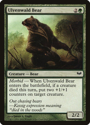 The Magic: The Gathering card "Ulvenwald Bear [Dark Ascension]" requires a cost of 2G. Its artwork depicts a bear roaring in a forest, and it is designated as "Creature — Bear" below the illustration. This card has a power/toughness of 2/2 and includes an intriguing "Morbid" ability.