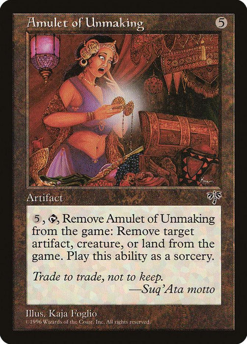 A "Magic: The Gathering" card titled **Amulet of Unmaking [Mirage]**. The illustration features a surprised woman in a purple dress holding the artifact while various items float around her in a richly decorated tent. Part of the Mirage set, this card has a cost of 5 colorless mana and describes its artifact ability in the text box below.