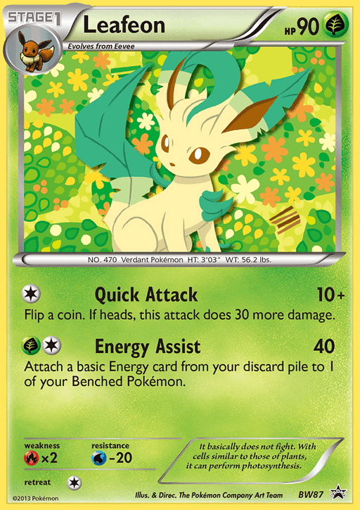 A Pokémon trading card featuring Leafeon, a Grass type. Leafeon is depicted standing on all fours with a leafy tail and ears against a green and yellow floral background. As part of the Black & White series, this Pokémon Leafeon (BW87) [Black & White: Black Star Promos] card displays Leafeon's stats: 90 HP, two attacks "Quick Attack" and "Energy Assist," and its resistance and weakness.
