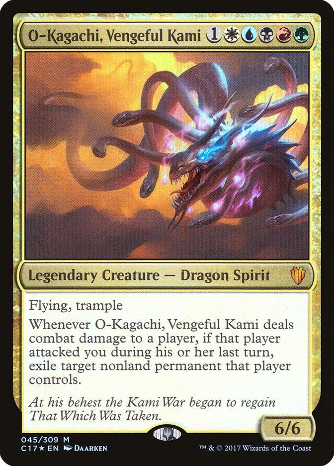 The image is of a Magic: The Gathering product named "O-Kagachi, Vengeful Kami [Commander 2017]," a legendary creature from this brand. It features a Dragon Spirit with 6/6 power and toughness. The card's gold and black border indicate its multicolored nature. The artwork shows a multi-headed dragon with glowing eyes, and the text includes abilities such as flying, tr