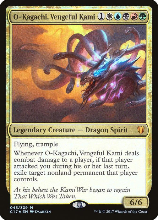 The image is of a Magic: The Gathering product named "O-Kagachi, Vengeful Kami [Commander 2017]," a legendary creature from this brand. It features a Dragon Spirit with 6/6 power and toughness. The card's gold and black border indicate its multicolored nature. The artwork shows a multi-headed dragon with glowing eyes, and the text includes abilities such as flying, tr