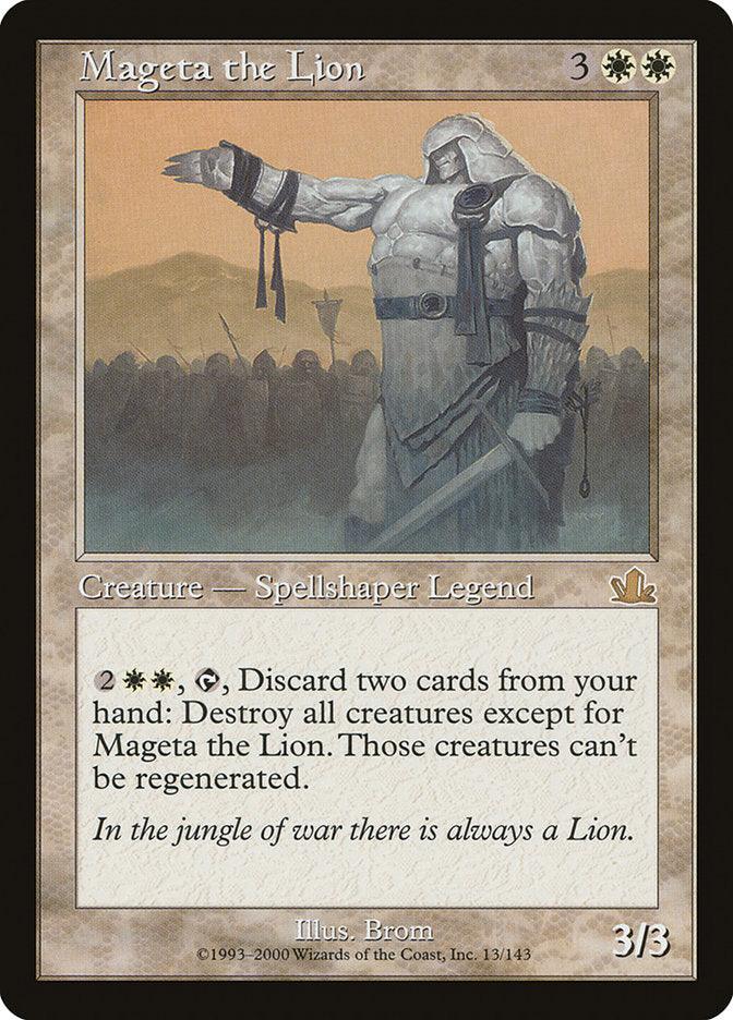 The image showcases the Magic: The Gathering card "Mageta the Lion" from the Prophecy set. It features a Legendary Creature—a robust, armored Human Spellshaper with a sword on the battlefield. Notable details include its mana cost and unique ability to obliterate all other creatures. The flavor text states, "In the jungle of war there is always a Lion.