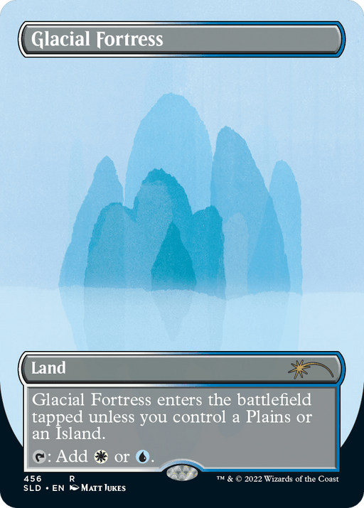 Introducing the Magic: The Gathering card "Glacial Fortress (Borderless) [Secret Lair Drop Series]." This Land type card showcases icy blue artwork with a snowy fortress amid towering glaciers. It enters the battlefield tapped unless you control a Plains or an Island. Tap: Add [white] or [blue].